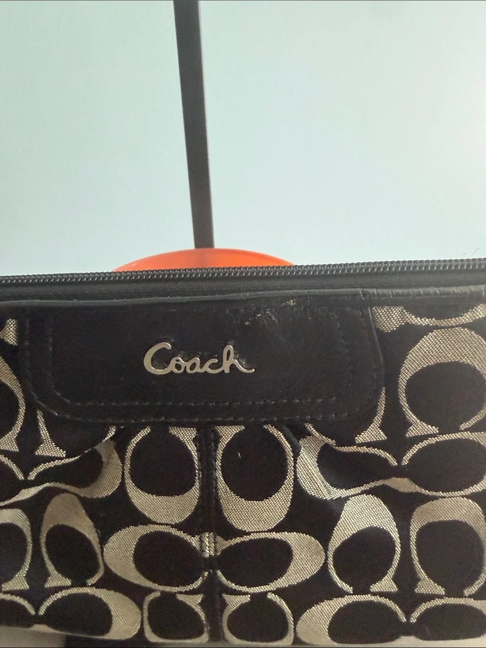 Coach Black & Tan Signature Canvas Wristlet with Leather Strap